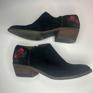 Lucky Brand Black Booties with Red Floral Embroidery